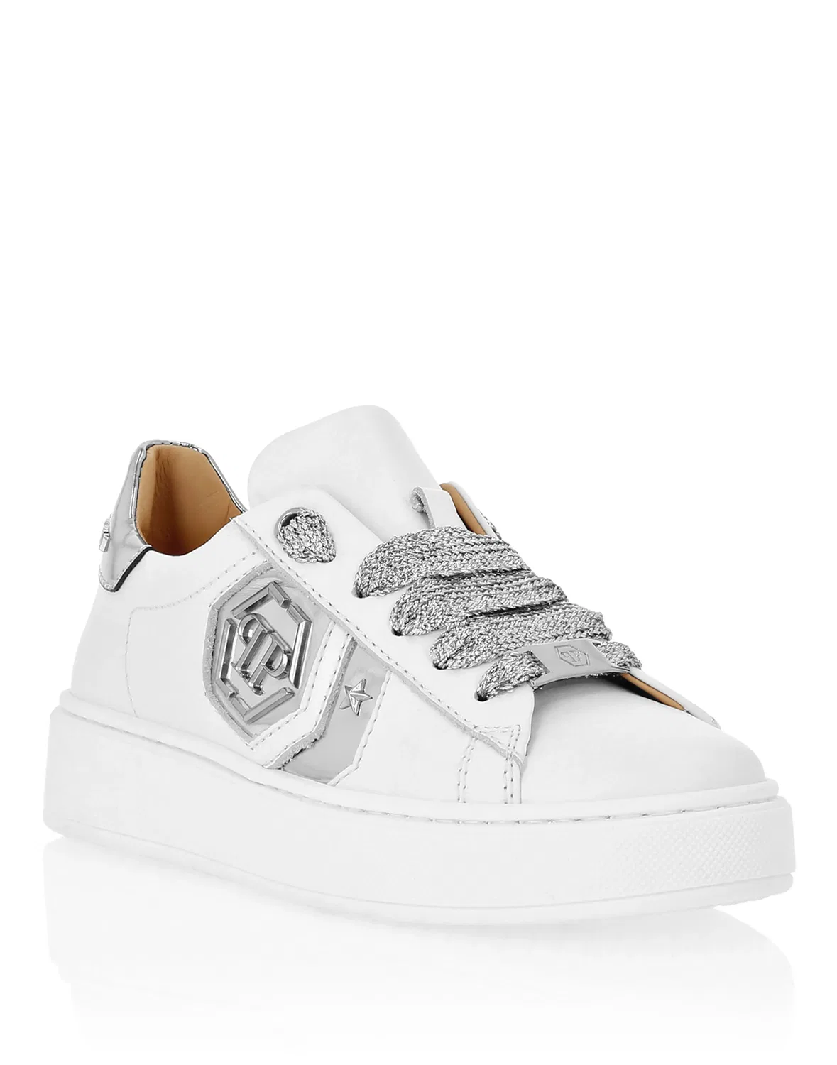 Детские кроссовки кожаные Lo-Top PHILIPP PLEIN, White/Silver