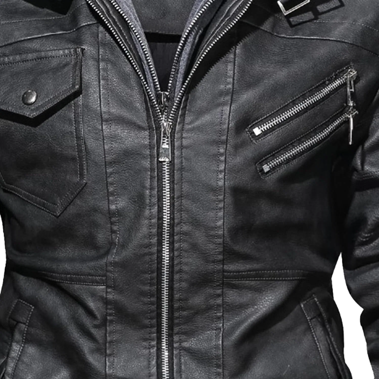 Мужская куртка из экокожи с капюшоном, модель Motorcycle Bomber, чёрный — фото 2
