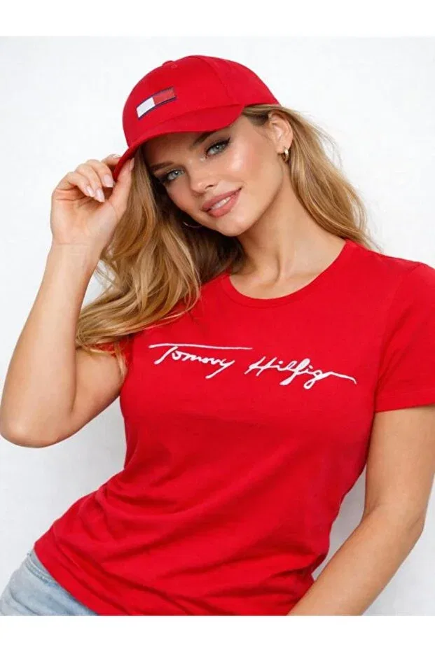 Женская футболка с принтом Signature Embroidered Logo Organic Cotton Tommy Hilfiger, Red — фото 2