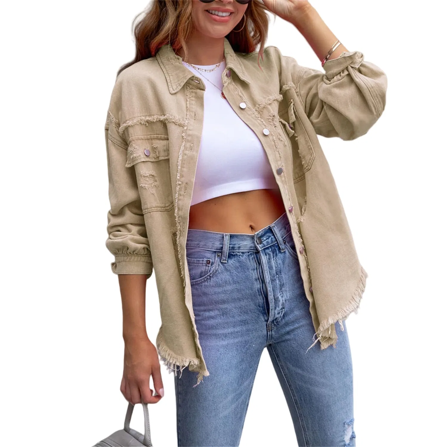 Женская джинсовая куртка с рваным краем и длинным рукавом, dark khaki