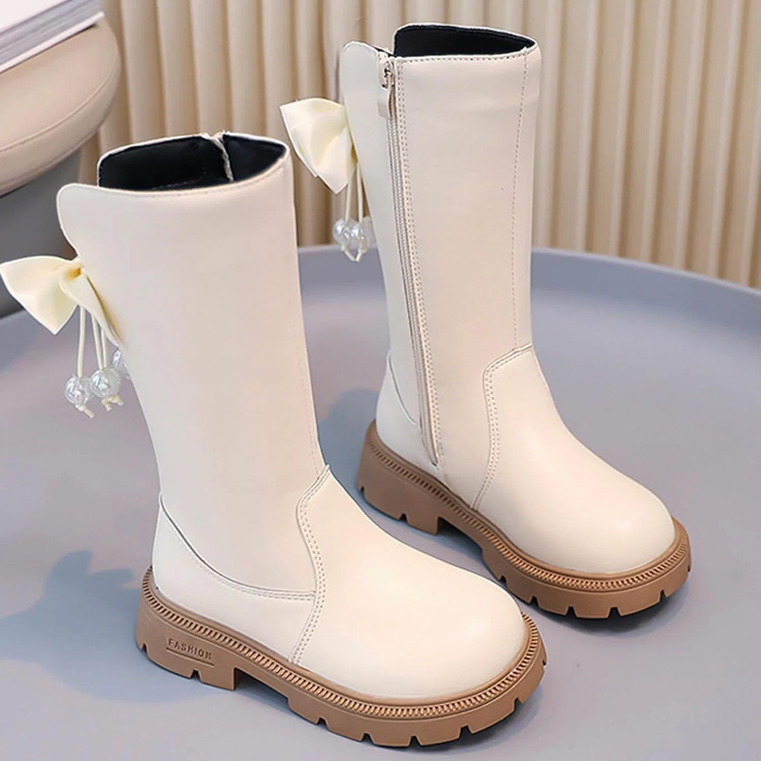Детские зимние сапоги для девочек с бантом и молнией Zzalalana, Beige — фото 3