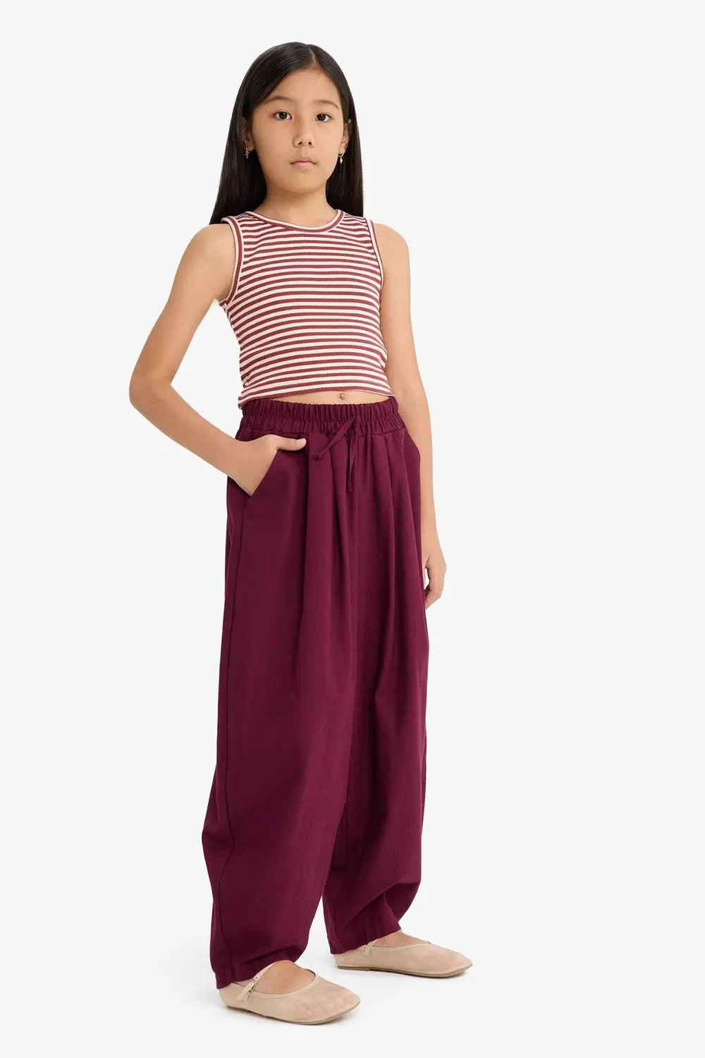 Брюки хлопковые с посадкой barrel Girl barrel fit cotton trousers Defacto, бордовый — фото 2