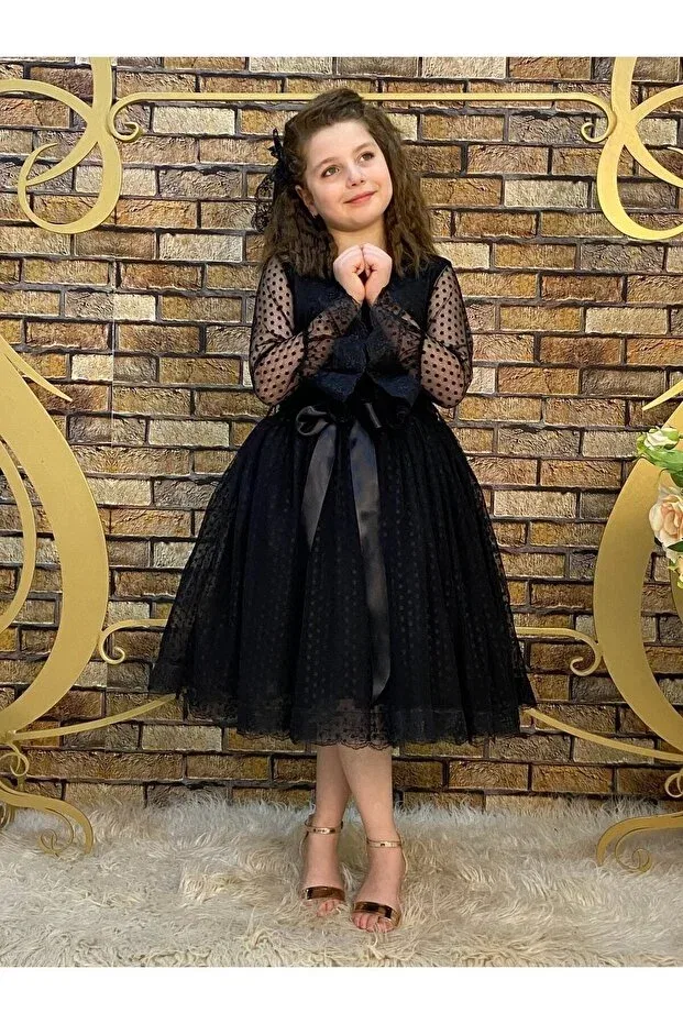 Детское платье для девочек кружевное с поясом Abiyekids, Black — фото 4