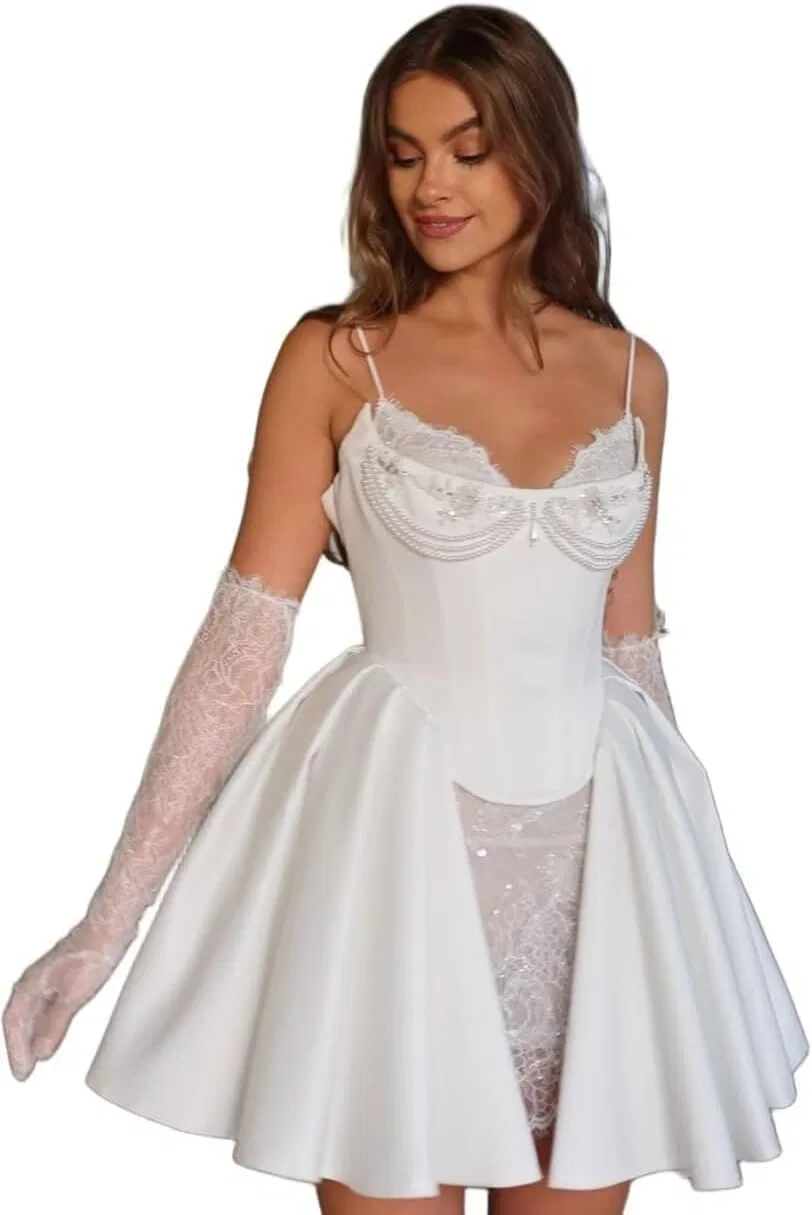 Короткое свадебное платье кружевное бохо Dexinyuan, White