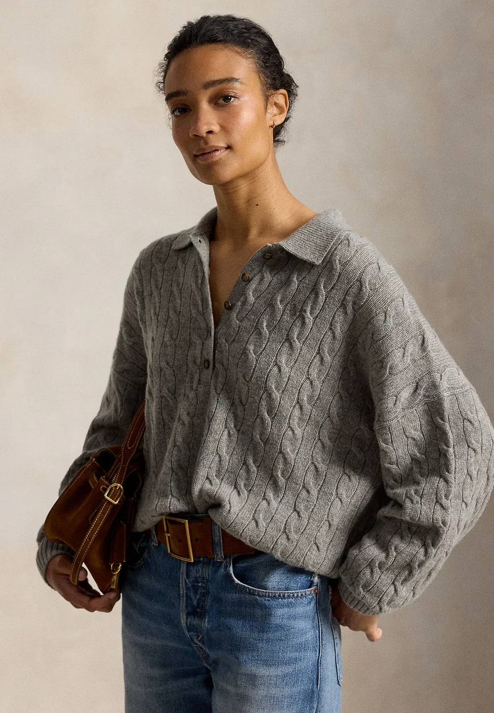 Свитер-Поло из шерсти и кашемира с косами Polo Ralph Lauren, Outpost Gray Heather