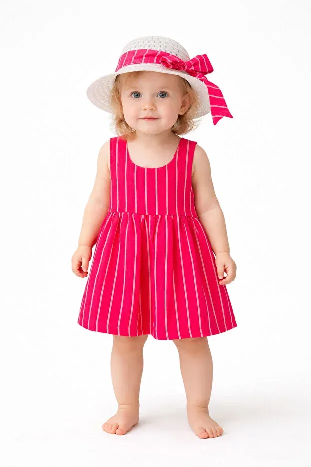 Детское платье для девочек в полоску с головным убором и бантом Chicsy Baby, Pink