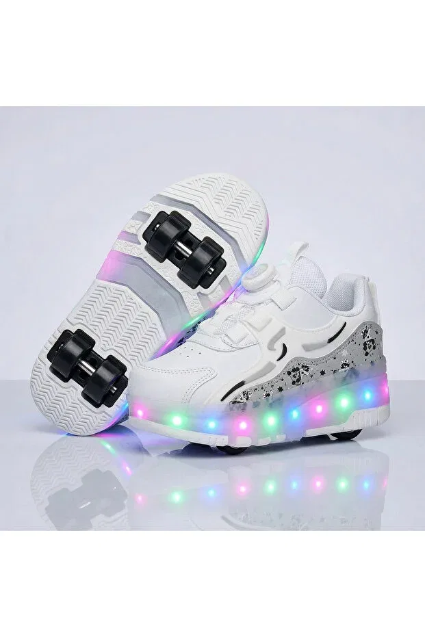 Детские кроссовки-ролики с ортопедической стелькой Lighted roller skating shoes Le Style De Marie, White