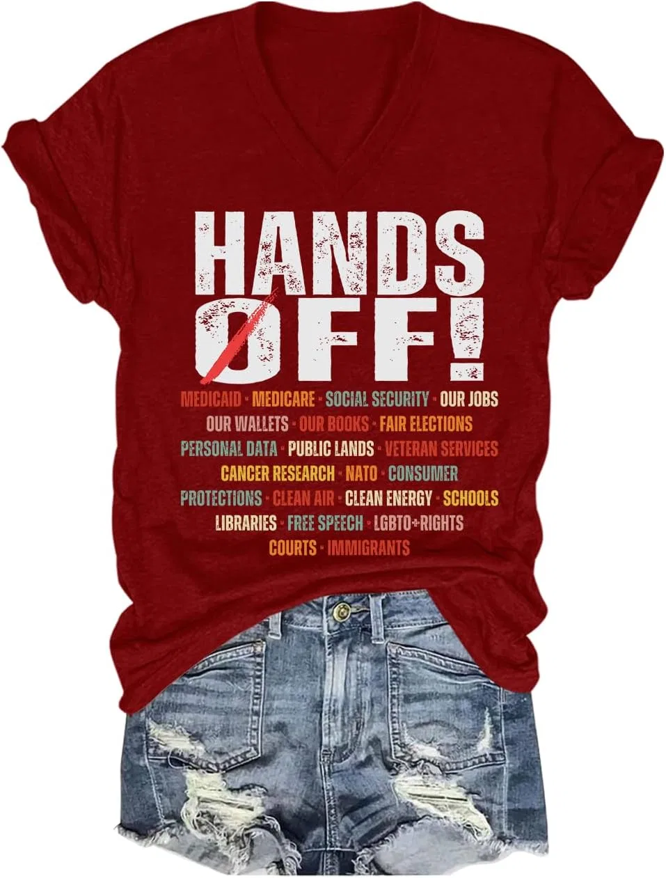 Футболка с V-образным вырезом и принтом Hands Off Protest, Claret-1