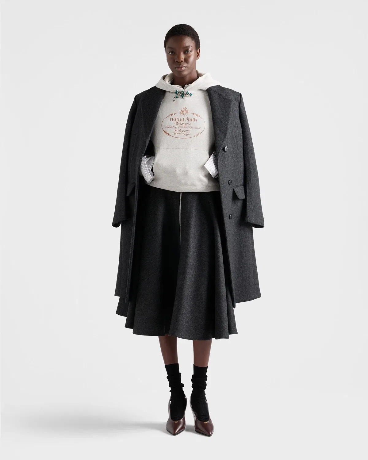 Однобортное двубортное пальто из шерсти Prada, серый — фото 2
