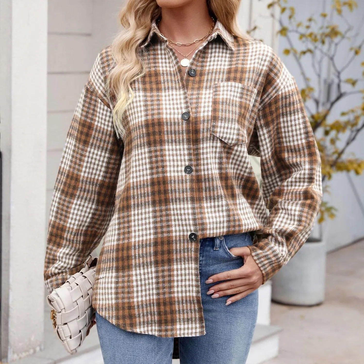 Женская флисовая куртка с принтом в клетку Ladies Check Button Down Long Sleeve Jacket Two Tone, Mocha — фото 4