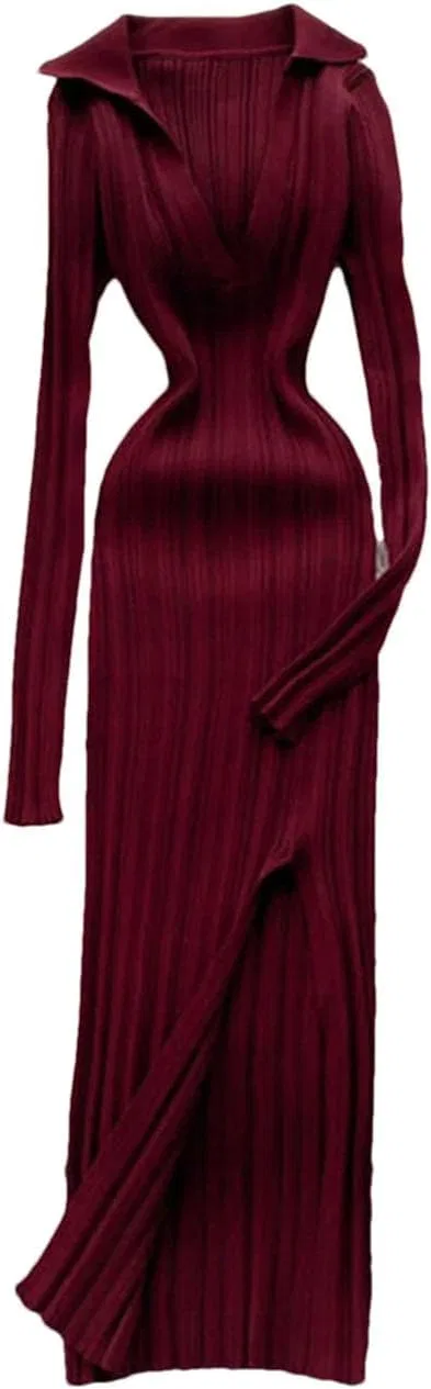 Женское облегающее трикотажное платье с V-образным вырезом и разрезом, Wine Red