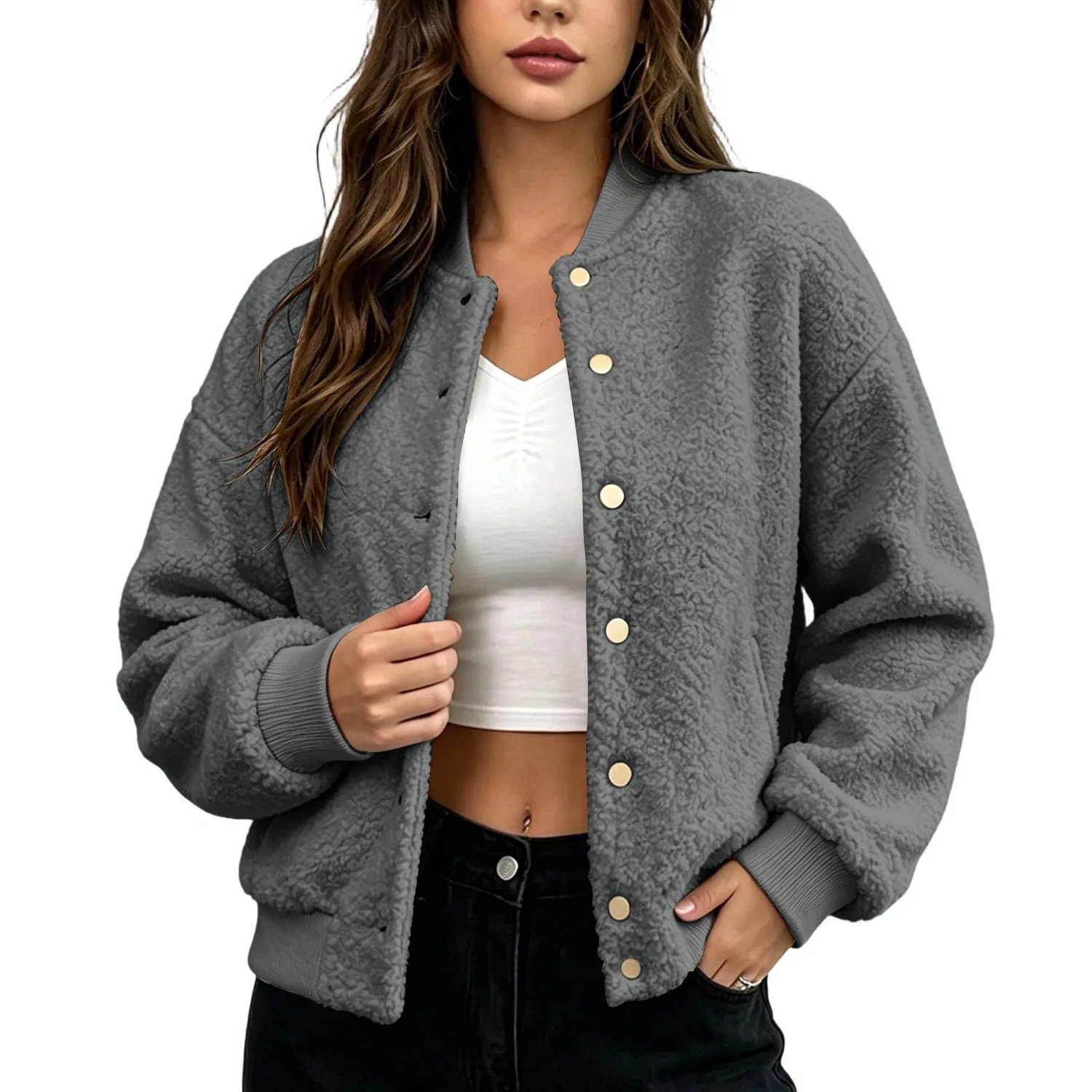 Женская куртка-бомбер с длинным рукавом, из флиса, модель Bomber in pile da donna UK, grigio