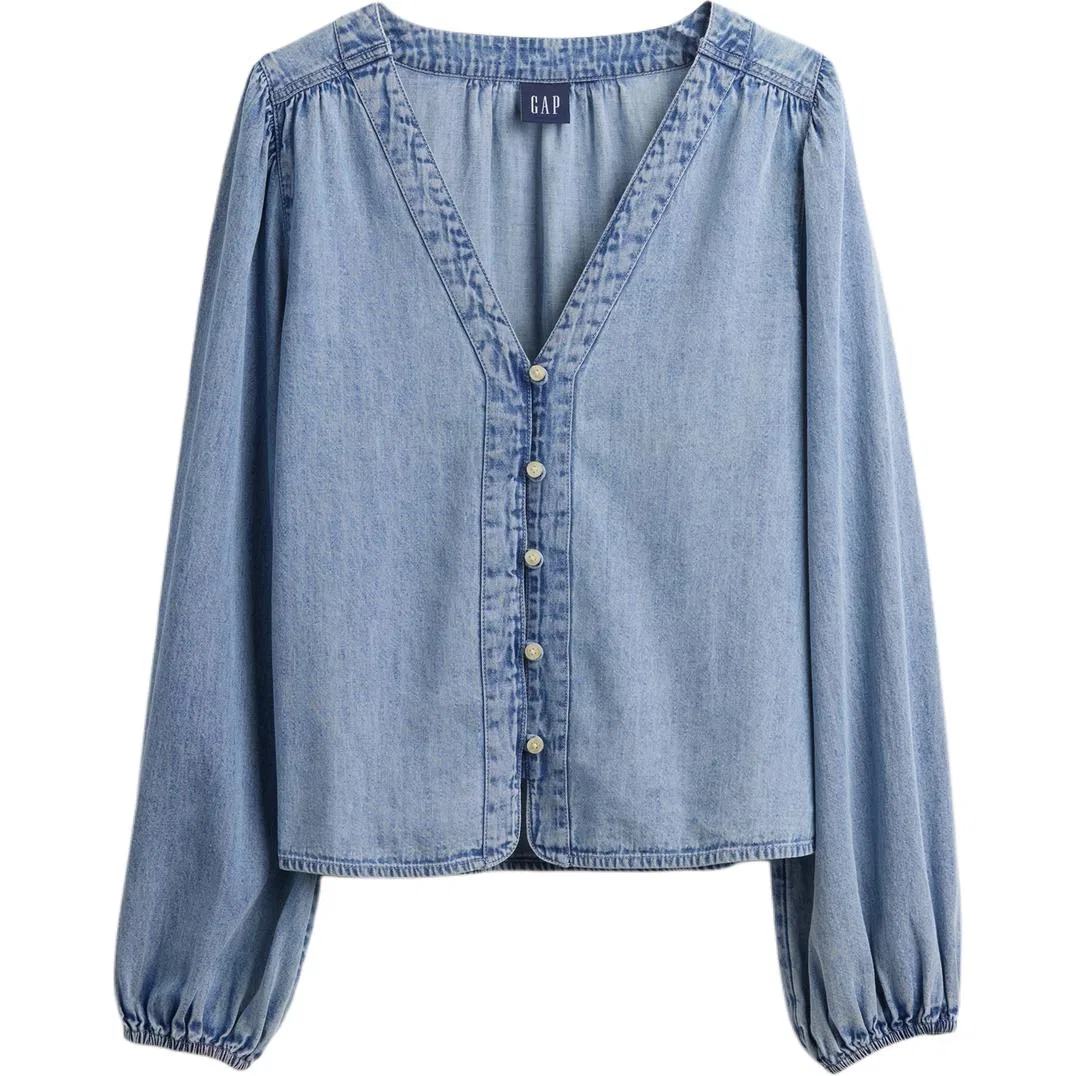 Женская рубашка из денима с V-образным вырезом Light Washed GAP, Light Washed