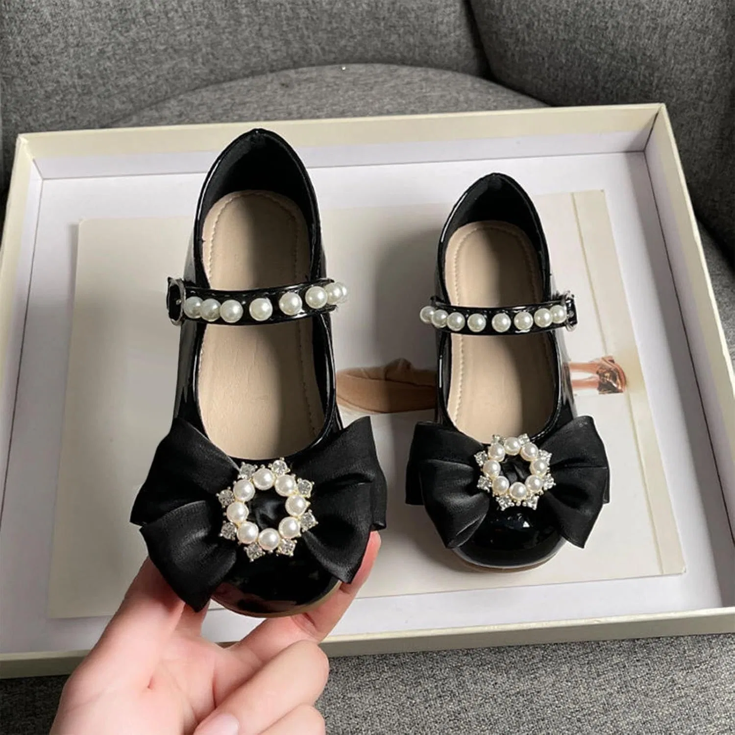 Детские туфли для девочек с пряжкой и бантом, модель Marry Jane, бренд, Black — фото 4
