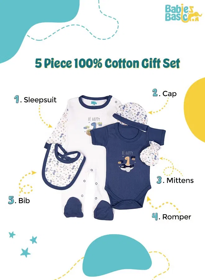 Комплект детской одежды из 5 предметов с принтом Be Happy Babies Basic, голубой — фото 2