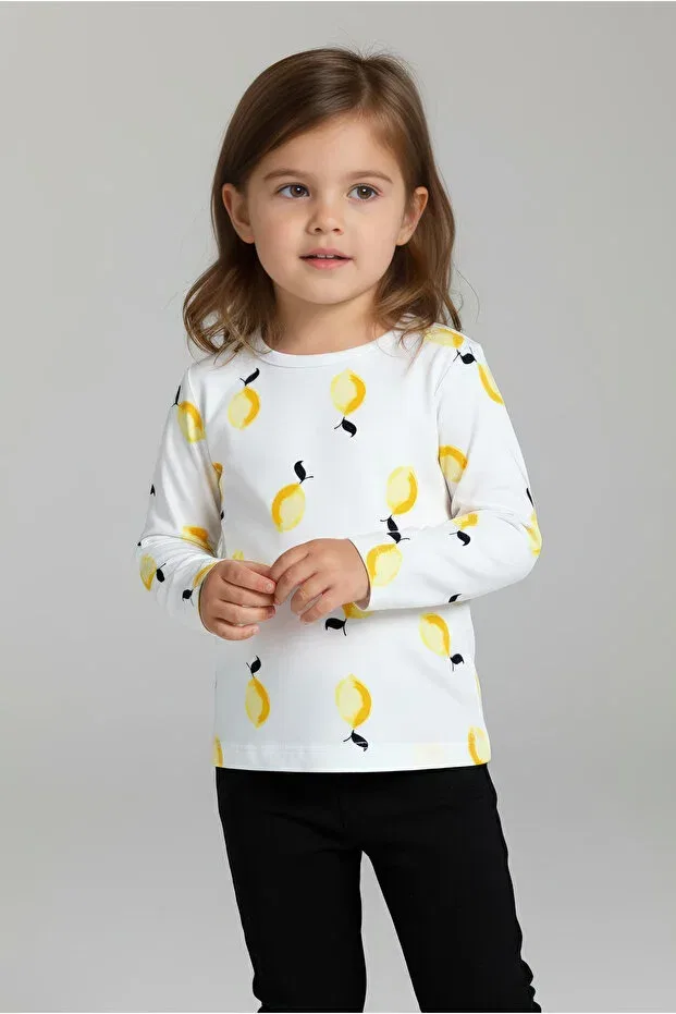 Детская футболка с принтом 100% Cotton Lemon Printed Crew Neck Girl's T-Shirt Kyron, White