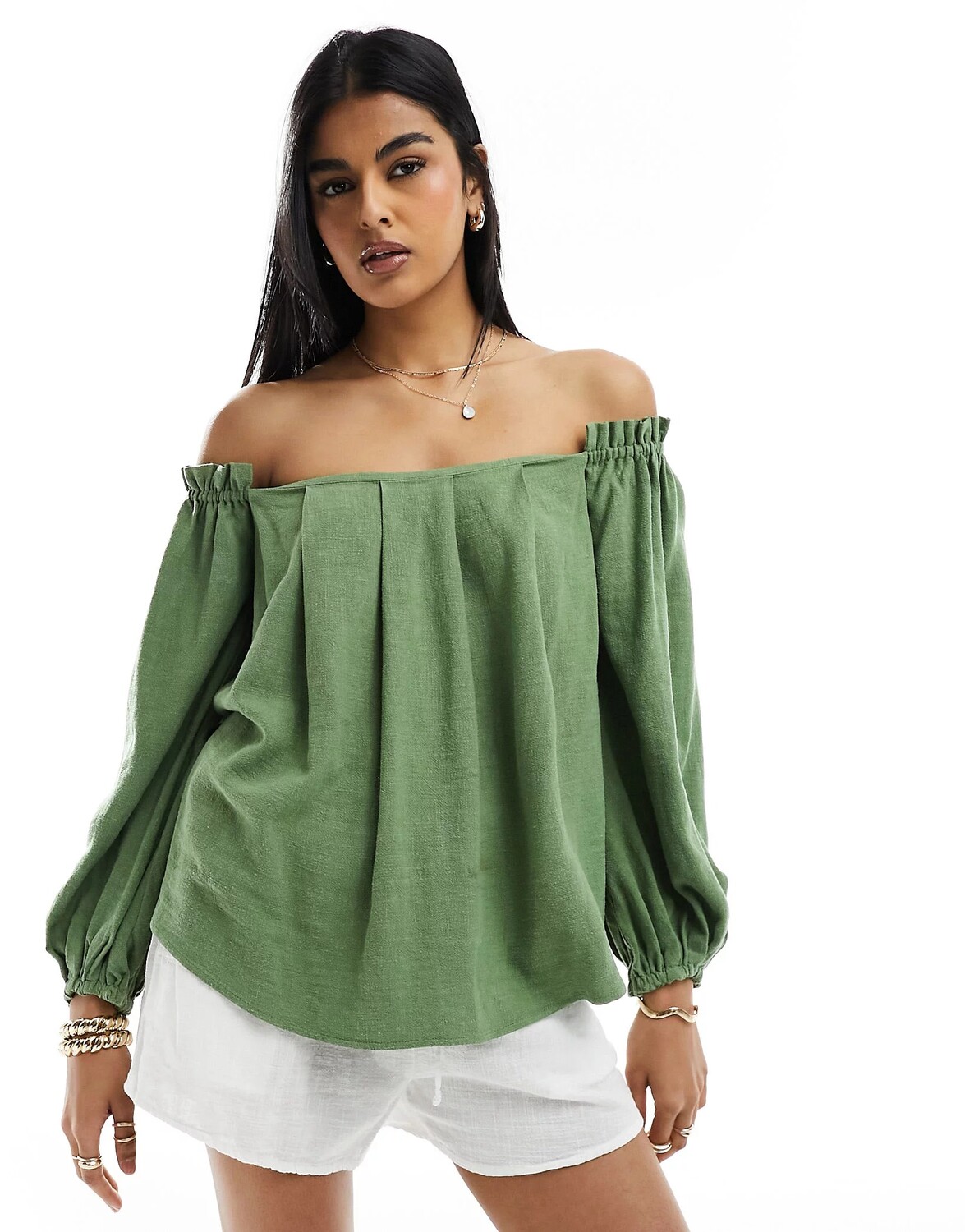 

Топ Asos Design Linen Look Off Shoulder Pleated, зеленый
