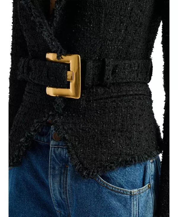Женская куртка с поясом Belted tweed jacket Balmain, черный — фото 4