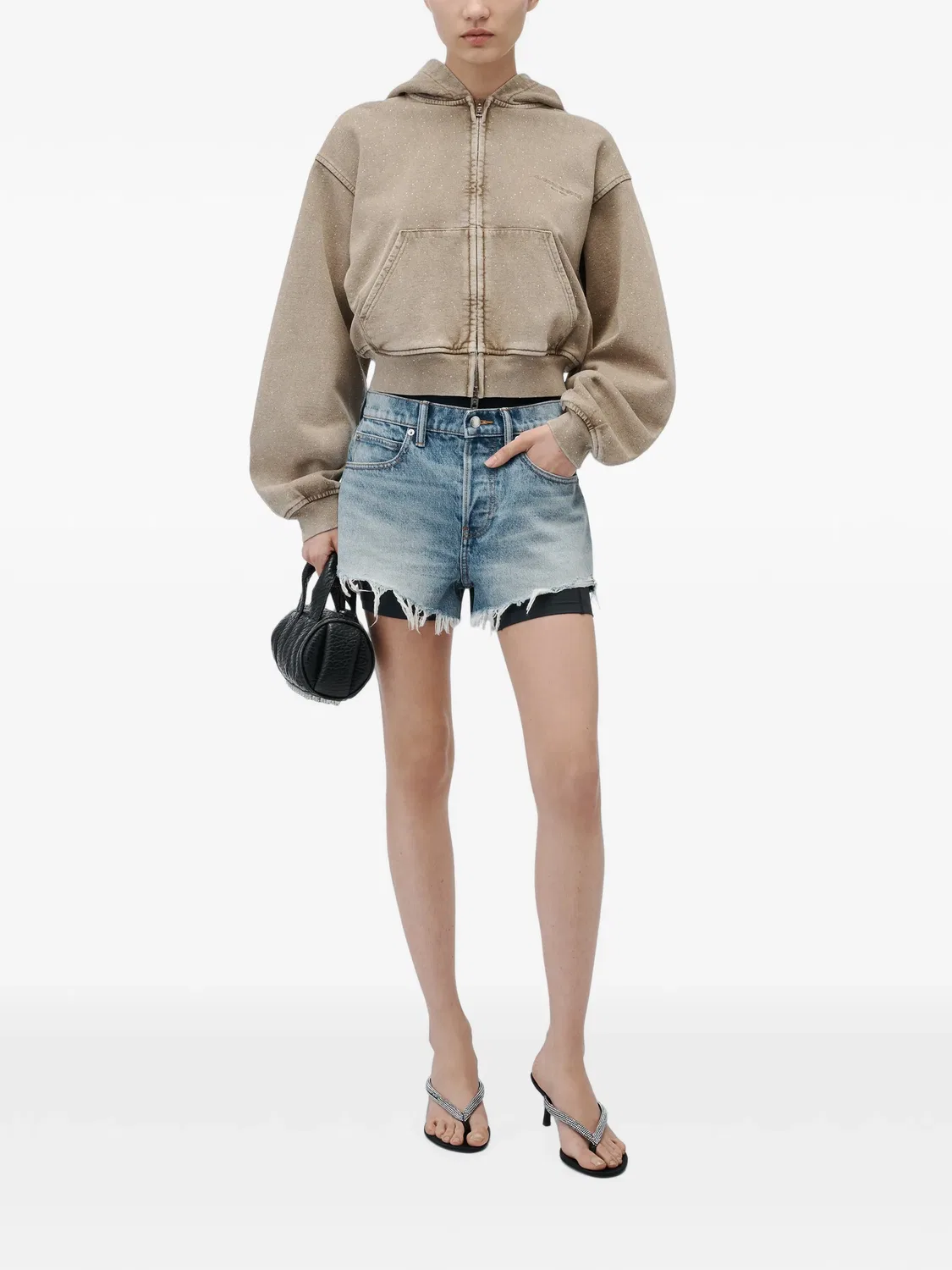 Худи на молнии со сплошным декором из страз Alexander Wang, нейтральные цвета — фото 2