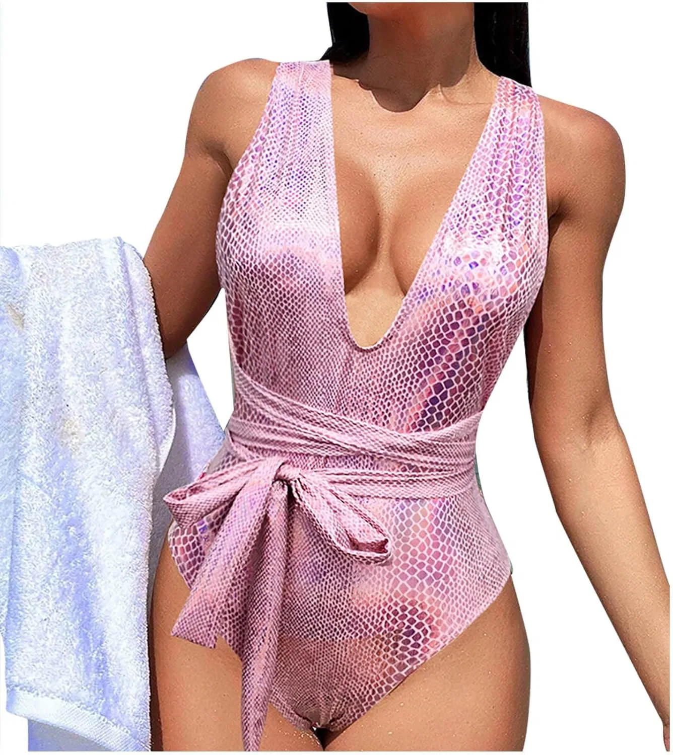 Женский купальник слитный с принтом змеиной кожи, Pink
