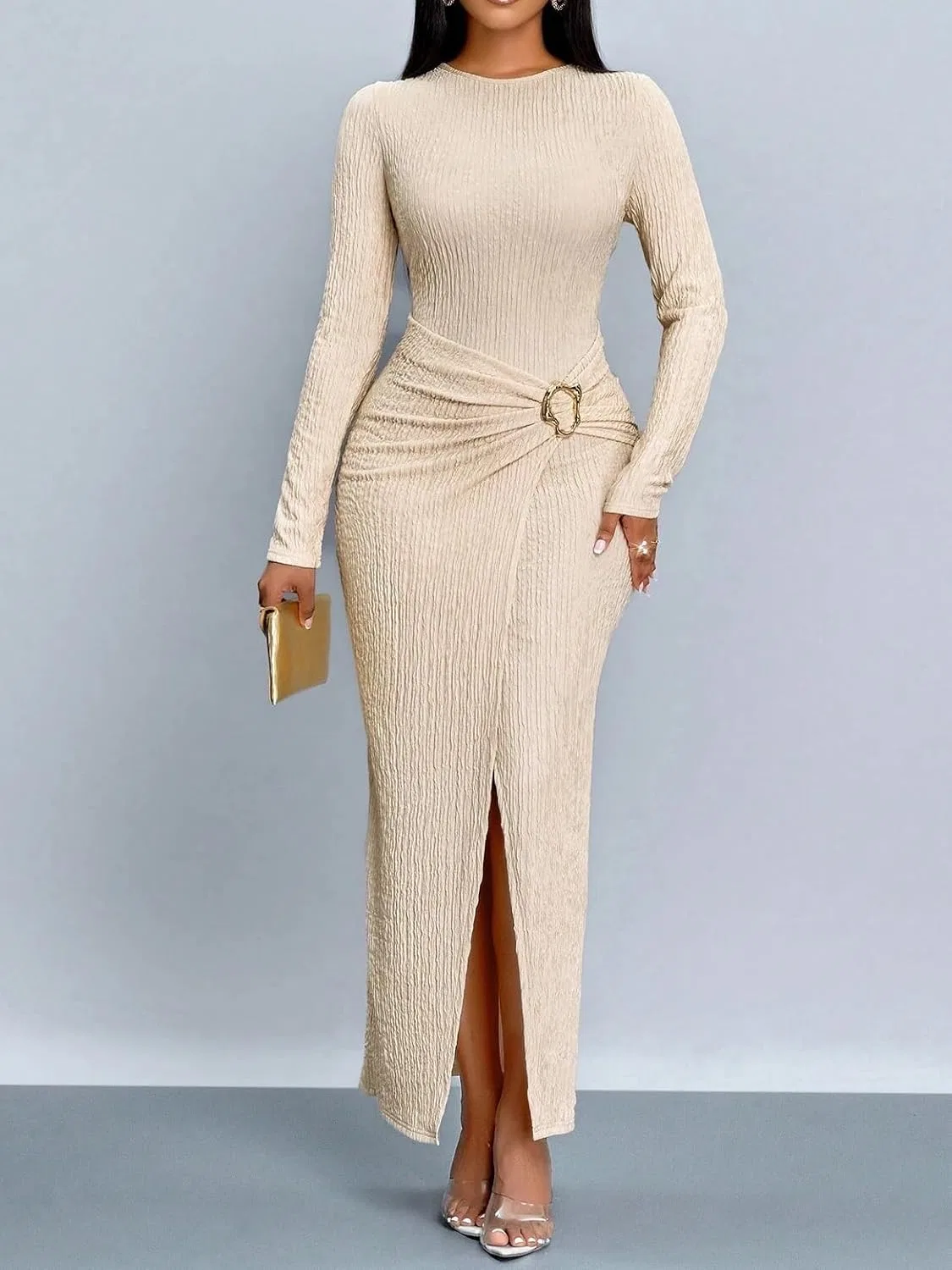 Женское длинное платье bodycon с вырезом на бедре Apricot — фото 2