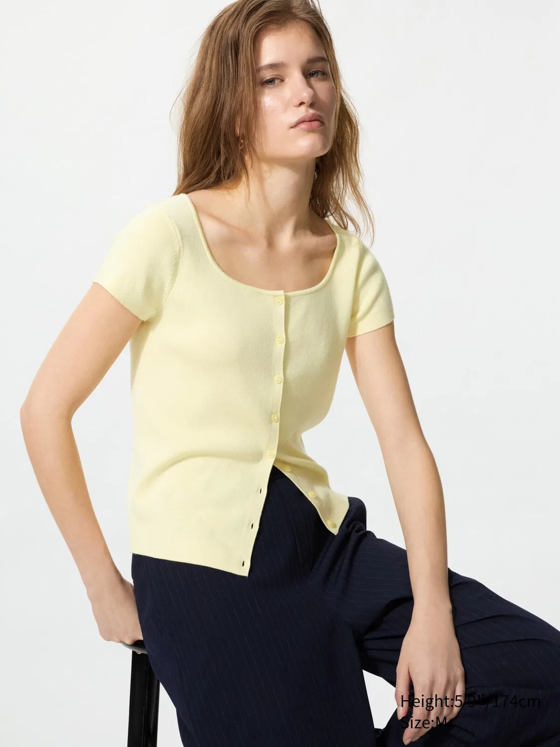Кардиган Uniqlo, женский, круглый вырез, желтый