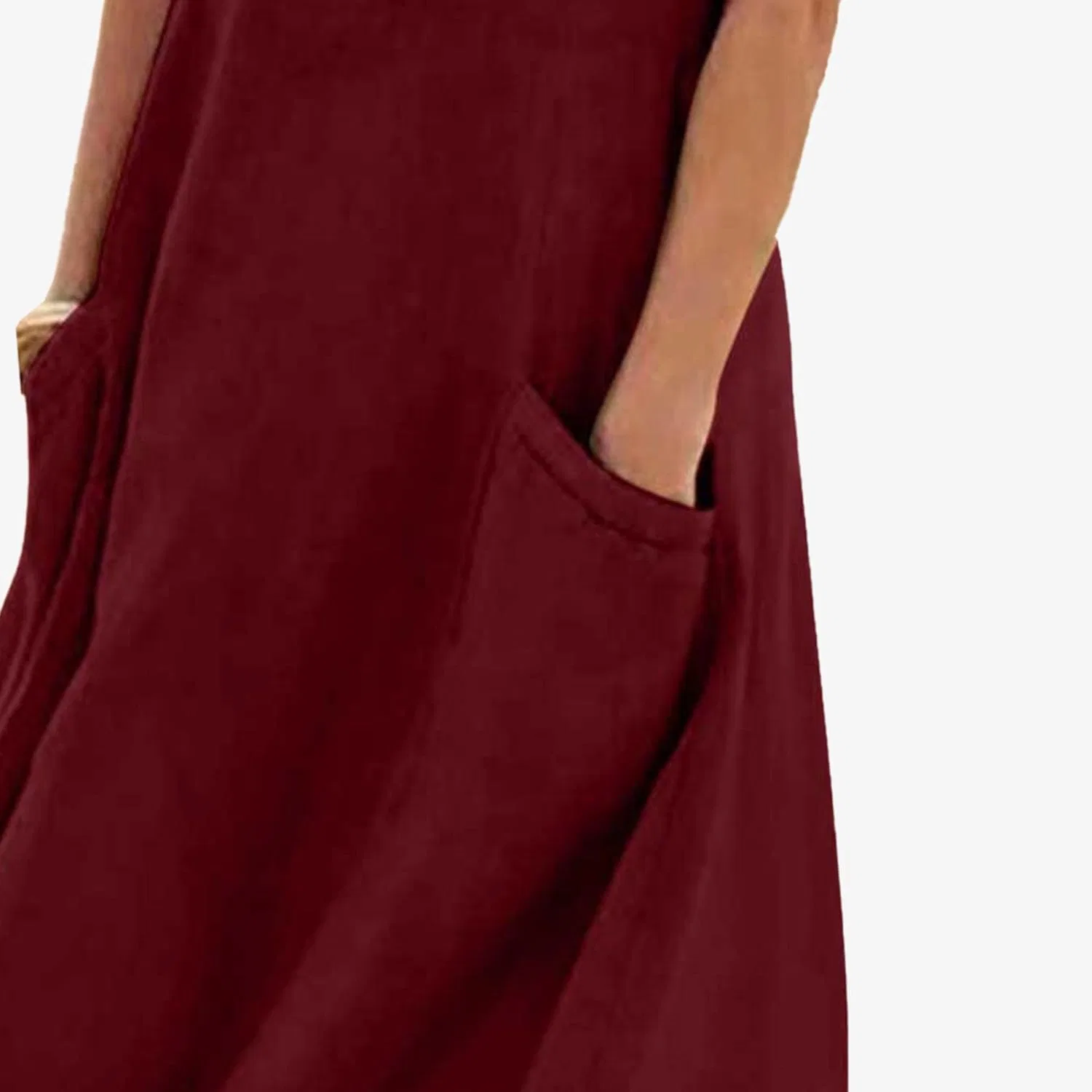 Женское свободное льняное платье макси с карманами, Wine Red — фото 2