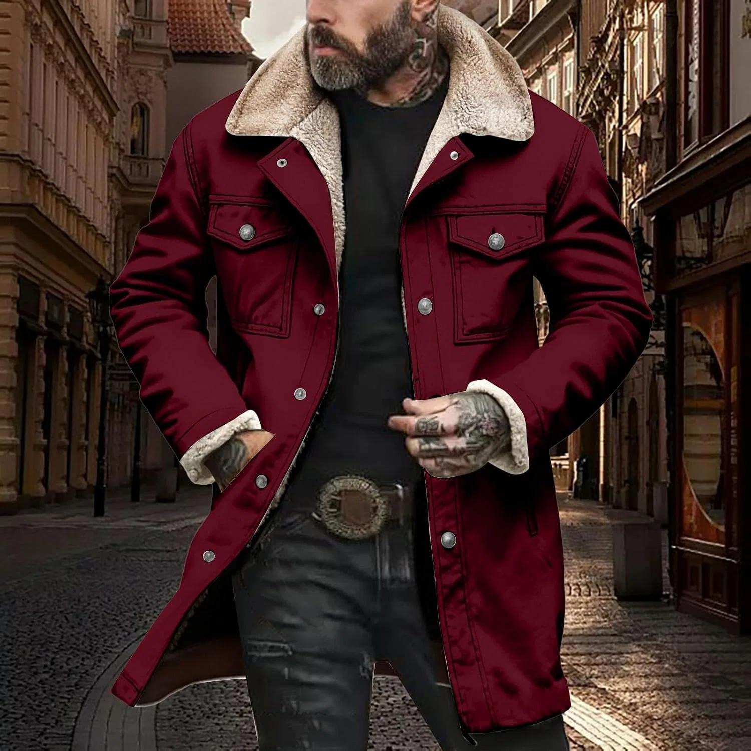 Мужское зимнее пальто с подкладкой из флиса, модель Greatcoat, винный — фото 2