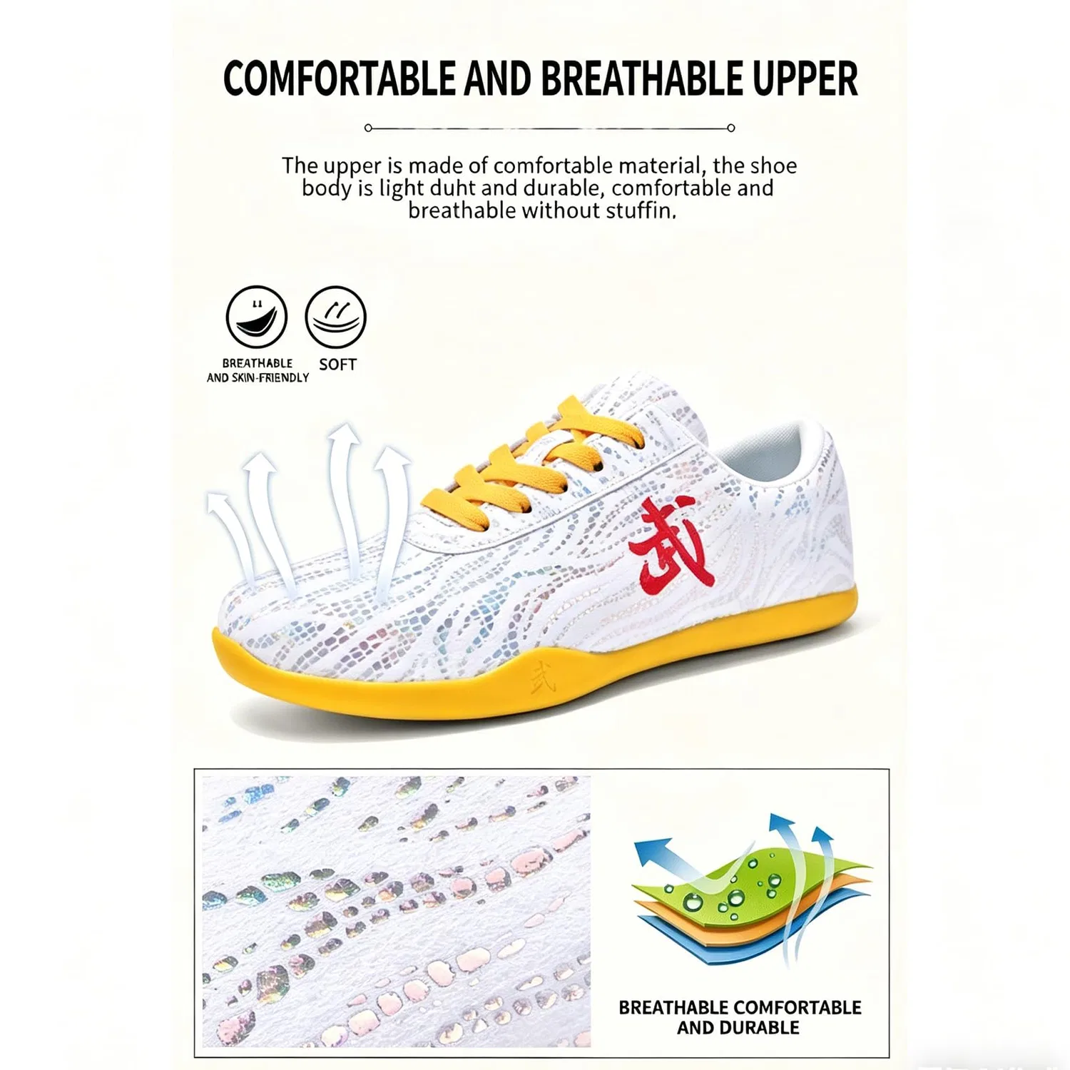 Детские кроссовки для единоборств с принтом Suola in Unisex Palestra Arti Marziali Sneaker, Vestibilità Scarpe per Kung Fu Uomo, Traspirante Tela Morbido Leggere Scarpe Tai Chi Gomma, Sneaker per Me, Tomaia Bianca Con Motivo Dorato — фото 4