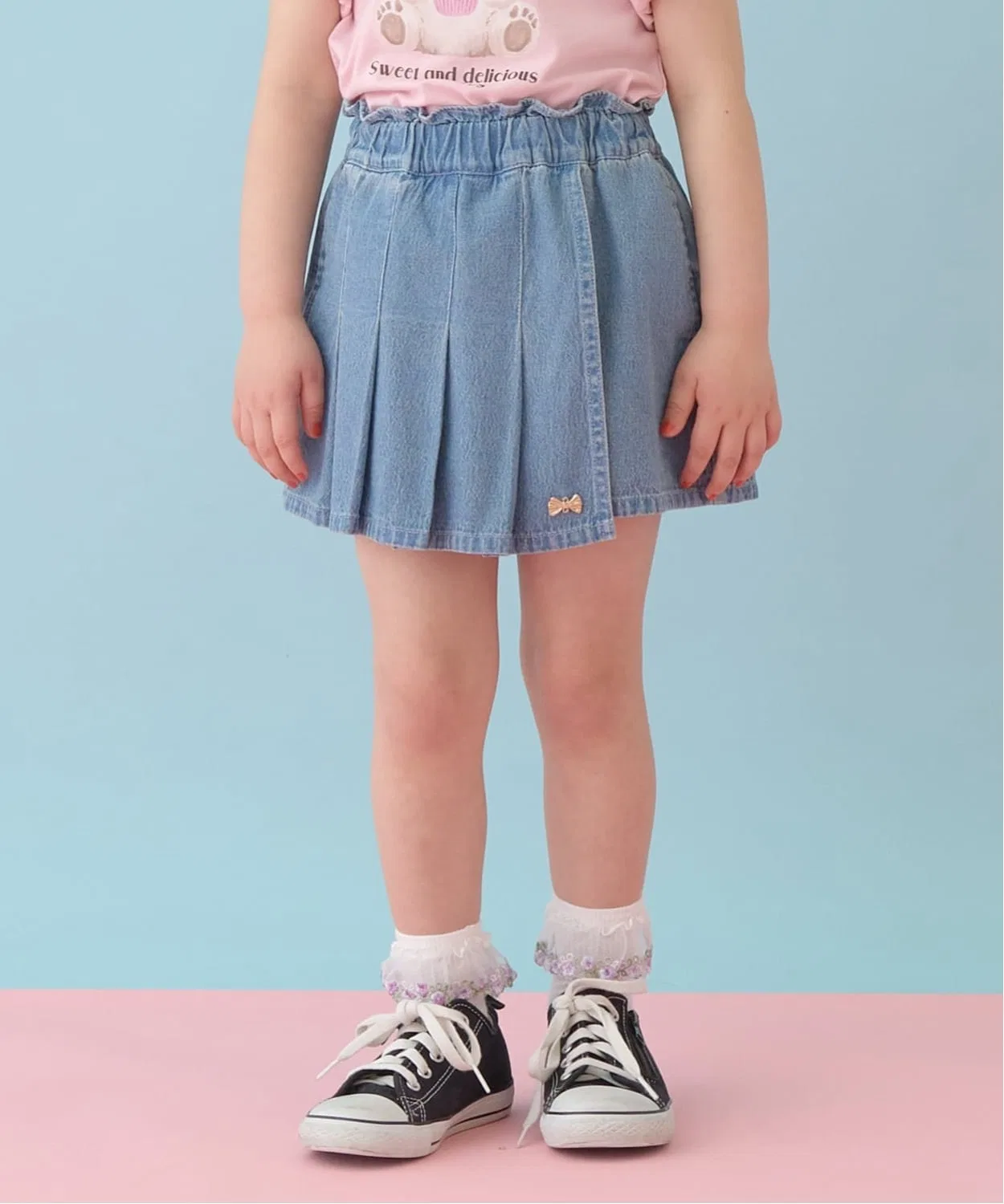 Детские джинсовые шорты-юбка с принтом Hearts, модель Front Pleat Heart Pocket Lycee mine, Sax Blue