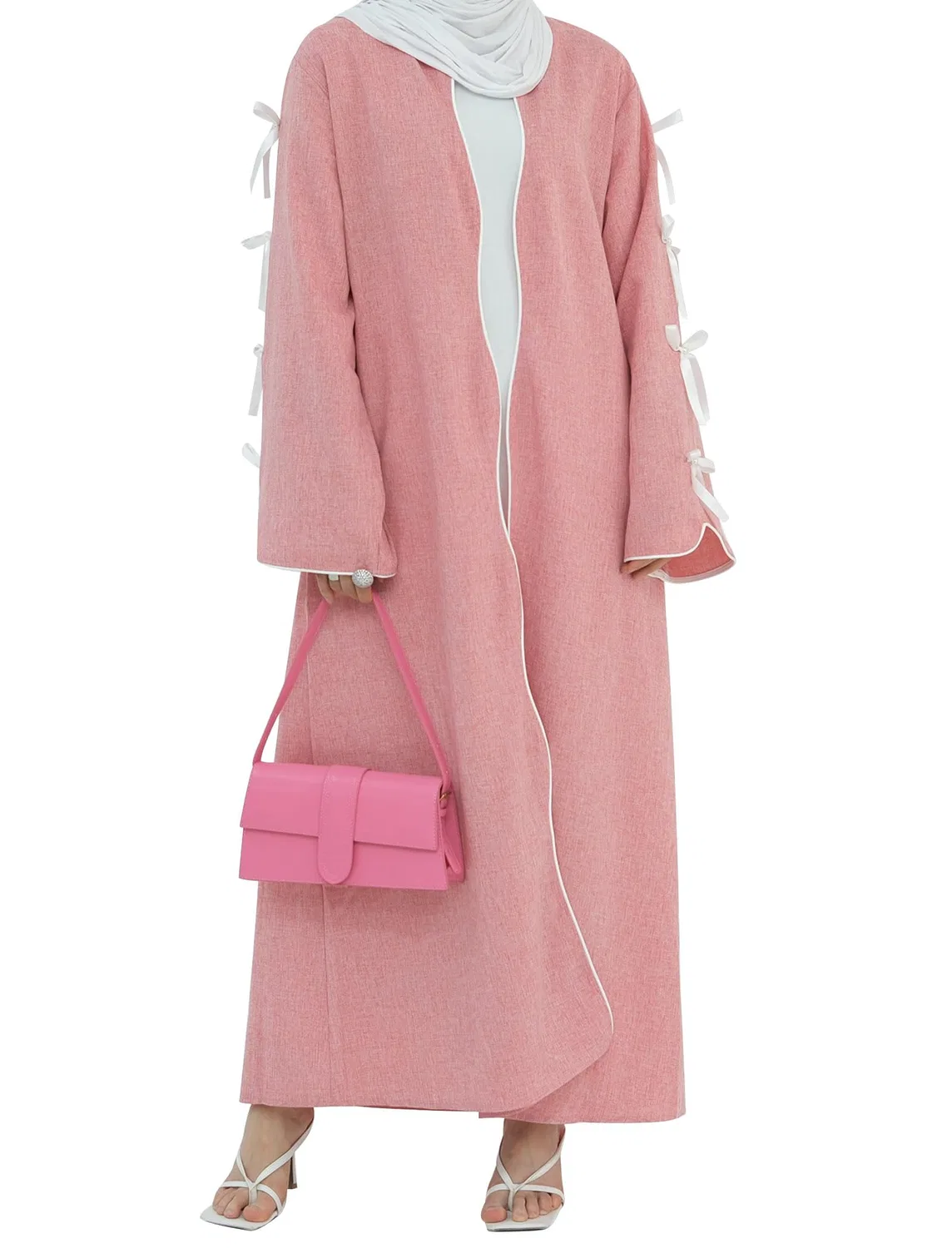 Женское пальто с длинным рукавом Abaya Women's Eid Dresses Long Sleeves Open Front Pearl Bowknot Prayer Dress Ramadan Cardigan Dubai Kaftan, pink