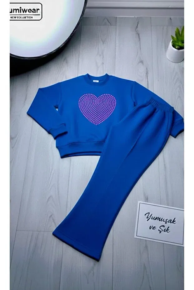 Детский комплект спортивного костюма для девочек с принтом Stone-Embellished girls' tracksuit set Kids Clup, Saks Blue — фото 2