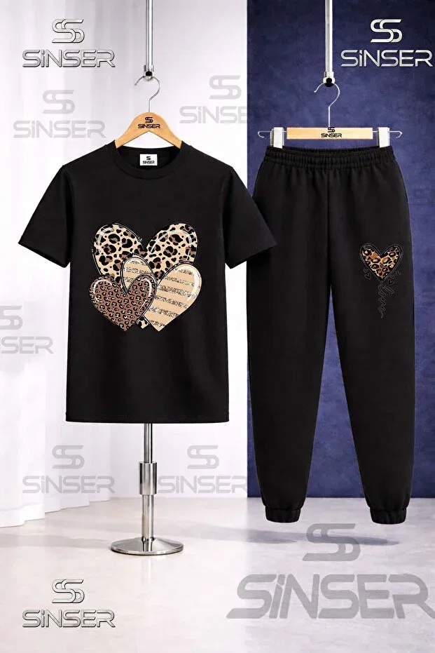 Детский комплект футболки и штанов для девочек с принтом Hearts Leopard Pattern Ss Sinser, Black