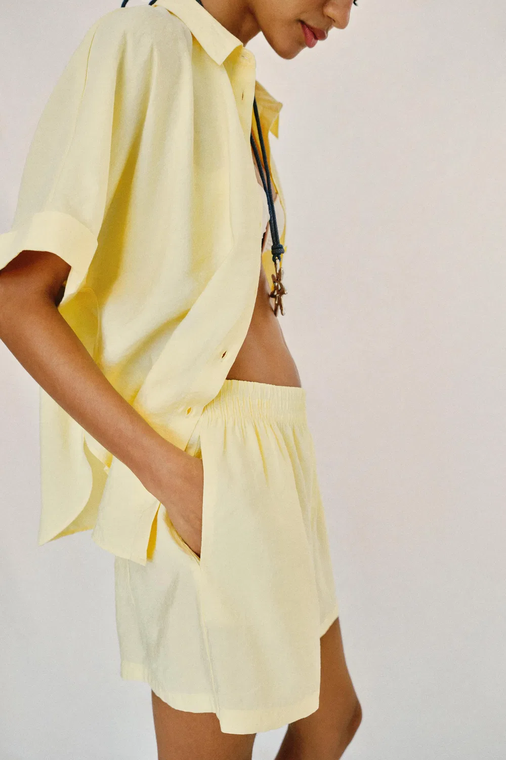 Свободная рубашка с коротким рукавом ZARA, Yellow — фото 4