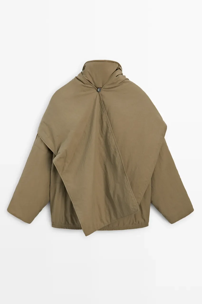 Куртка Massimo Dutti Quilted Bomber With Scarf, коричневый — фото 3
