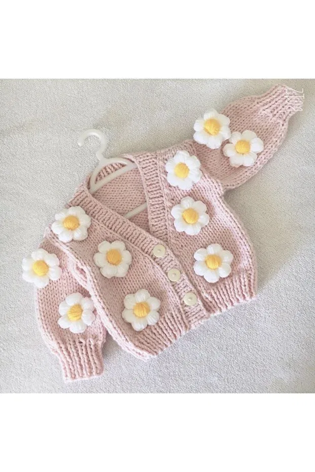 Детское для девочек вязаное укороченное кардиган с принтом Baby hand knitted daisy crop cardigan Generic Brands, Powder — фото 2