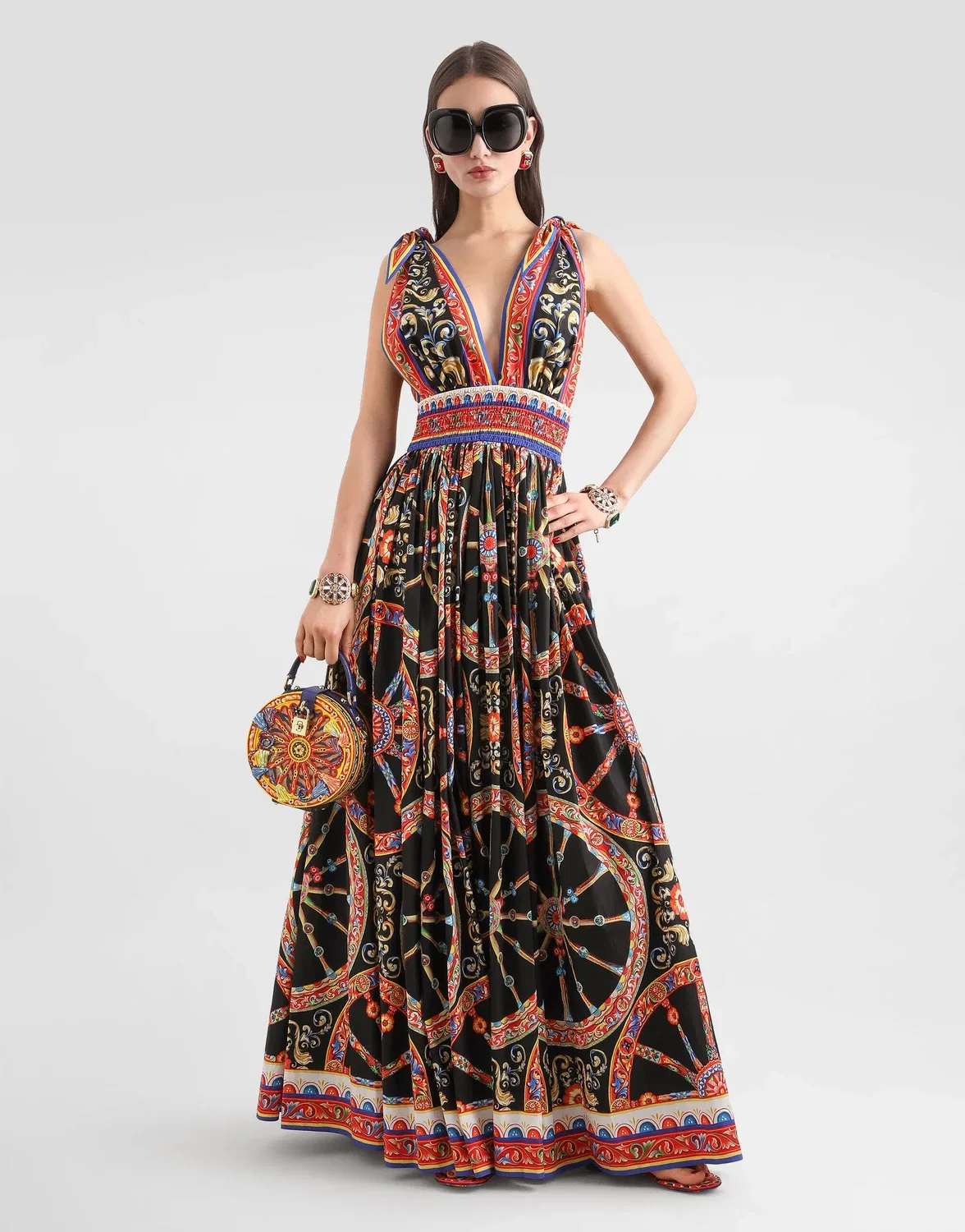 Длинное поплиновое платье с принтом Carretto DOLCE & GABBANA, бежевый — фото 2