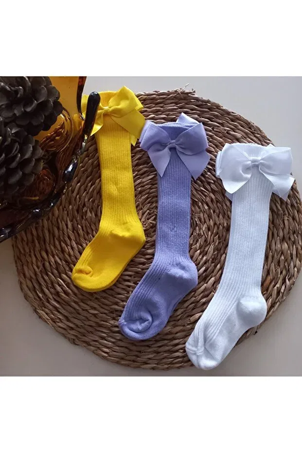 Детские носки для девочек с бантом Mars Baby, Yellow Lilac White