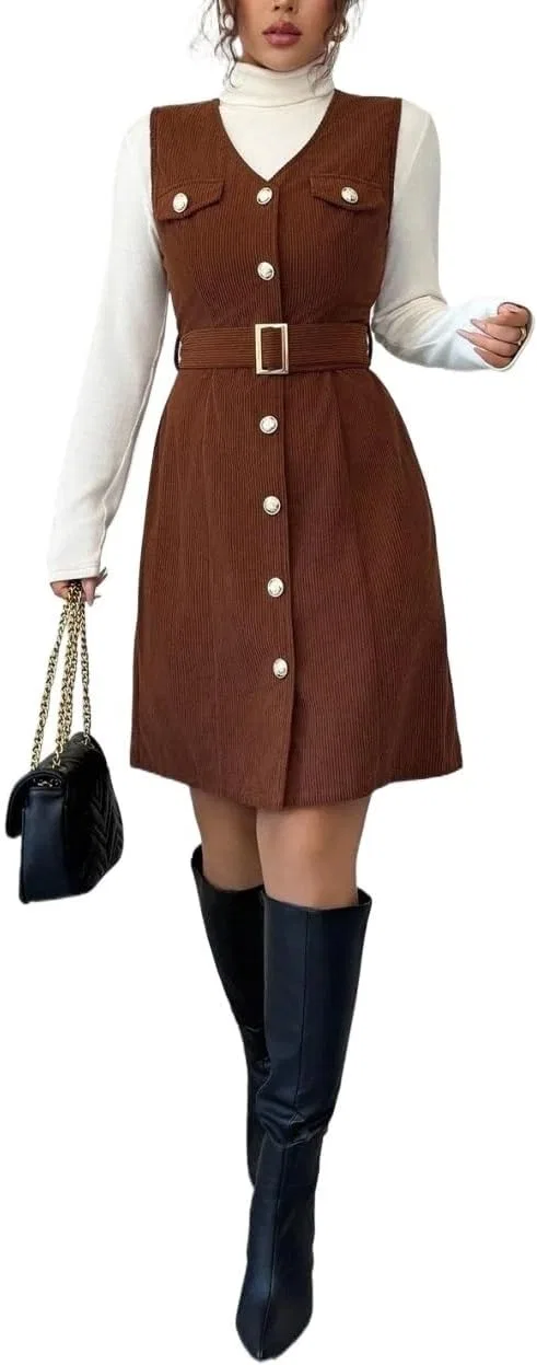 Женское платье из вельвета V-образным вырезом, Brown