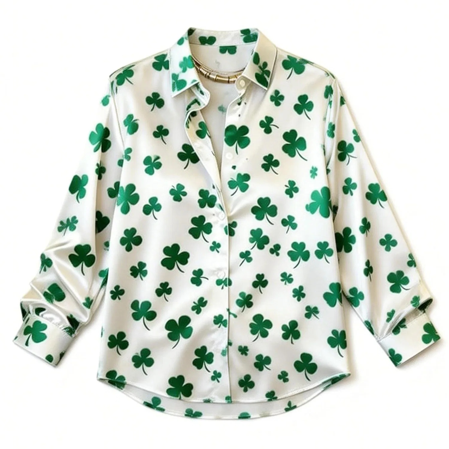 Женская блузка с длинным рукавом с принтом клевера, модель St Patrick's Day Dress Satin Shirt, Blue — фото 3