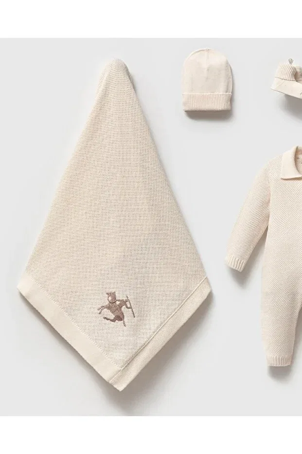 Детский комплект одежды для новорожденных мальчиков с вышивкой Ciritli horse embroidered knitwear Mert Baby, Nude Color — фото 3