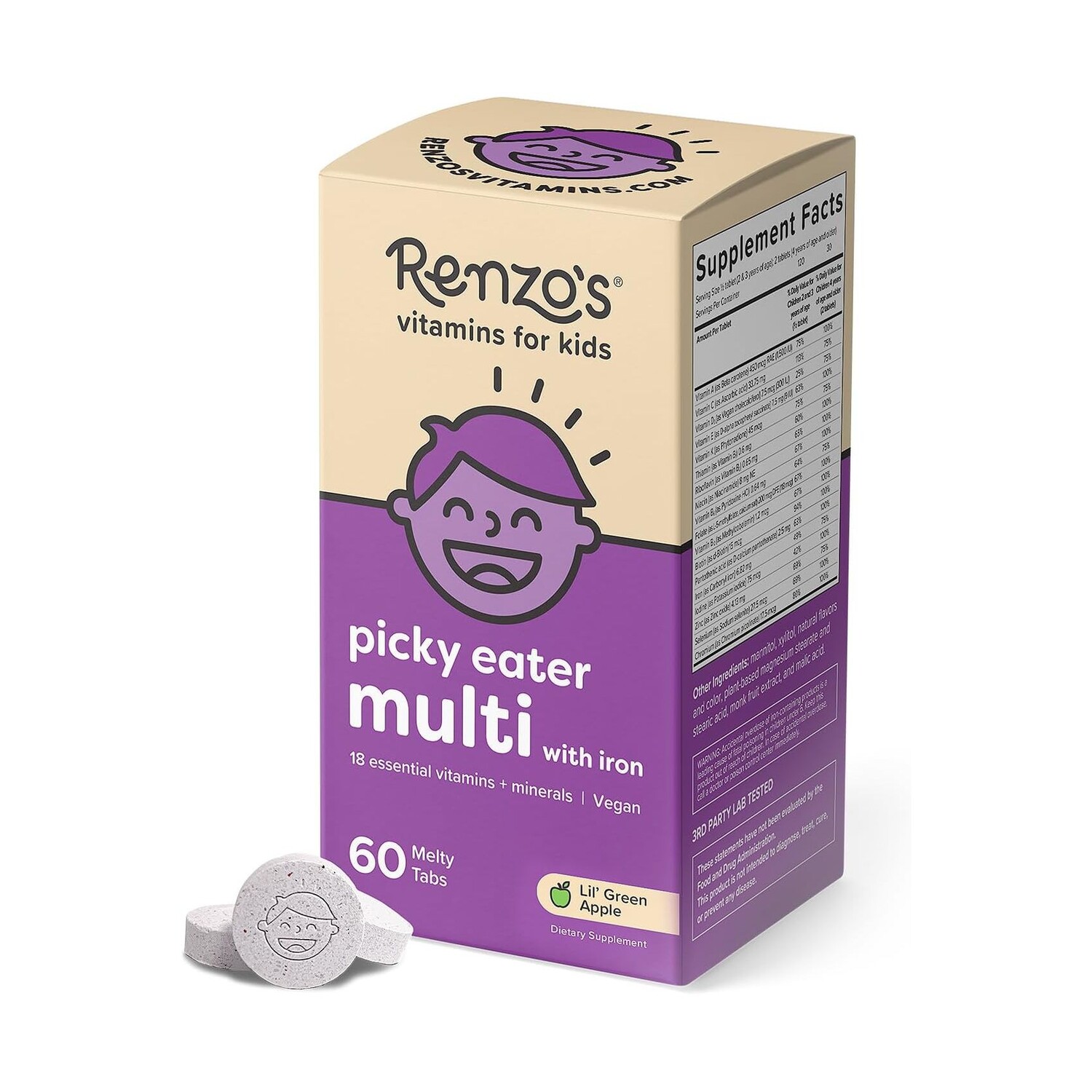 

Мультивитамины Renzo's Picky Eater Kids With Iron Apple Flavored, 60 жевательных таблеток