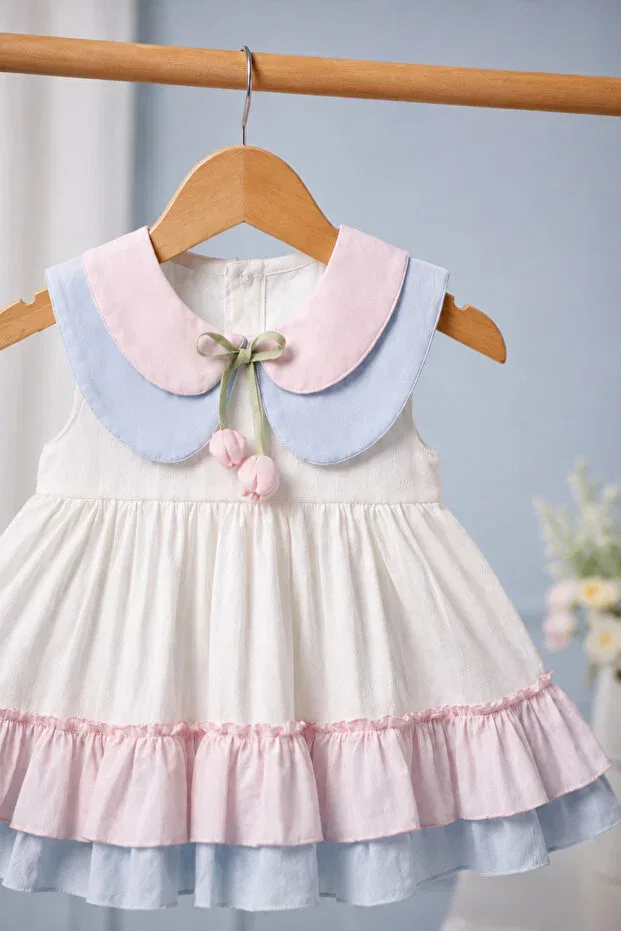 Детское платье для девочек без рукавов Elegant Tulip Double Collar Detailed Stylish Dress Noy Noy, Ecru — фото 3