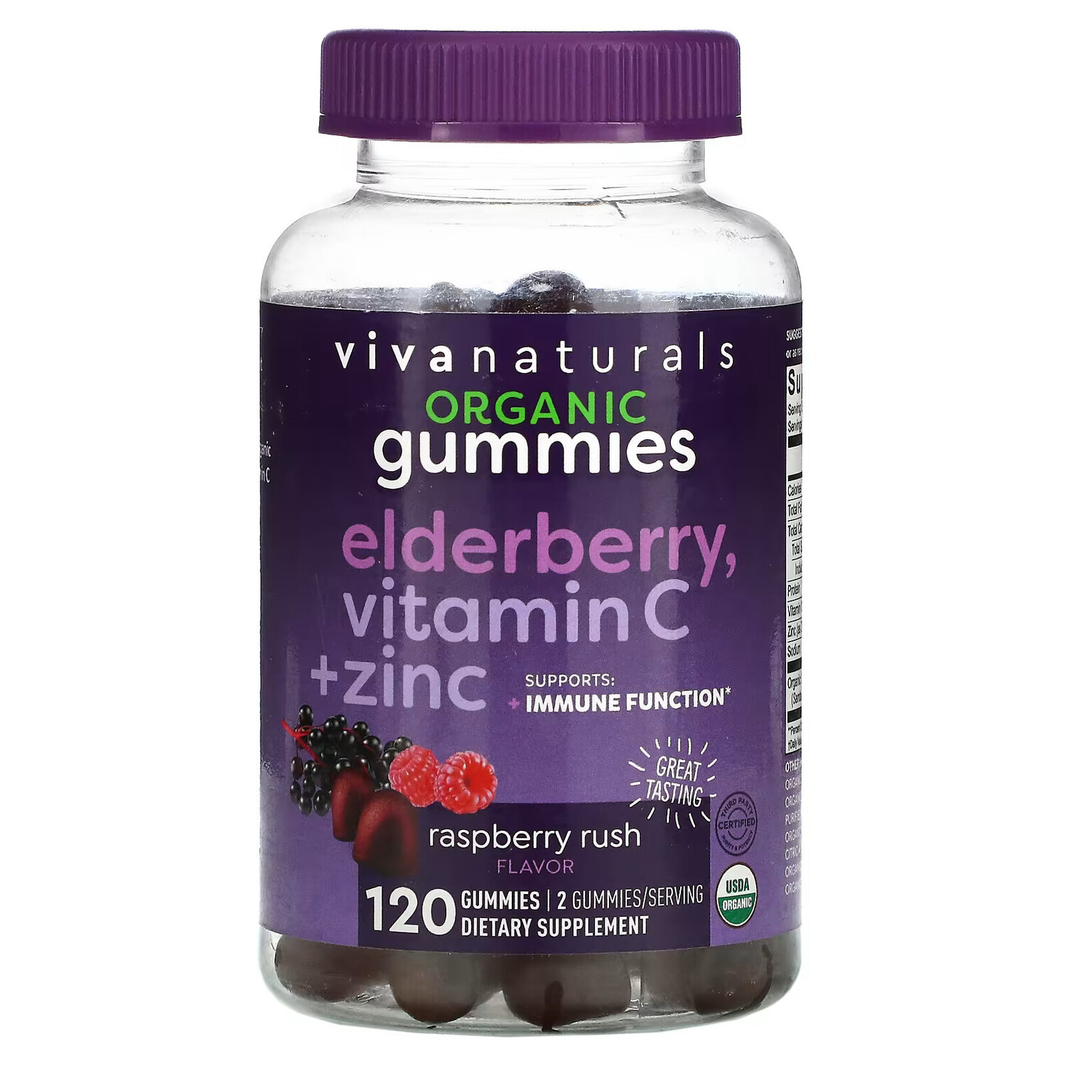 

Органическая бузина витамин C + цинк Viva Naturals, малина, 120 жевательных таблеток