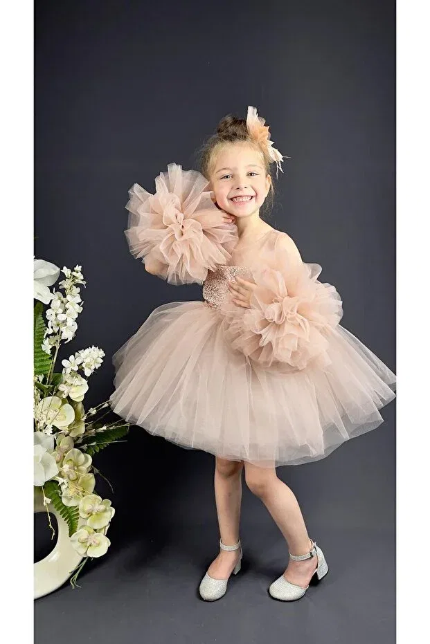 Детское платье для девочек с пайетками Chiffon Gown Pompom Sleeve Sequin Mnk Baby&Kids, Powder — фото 4