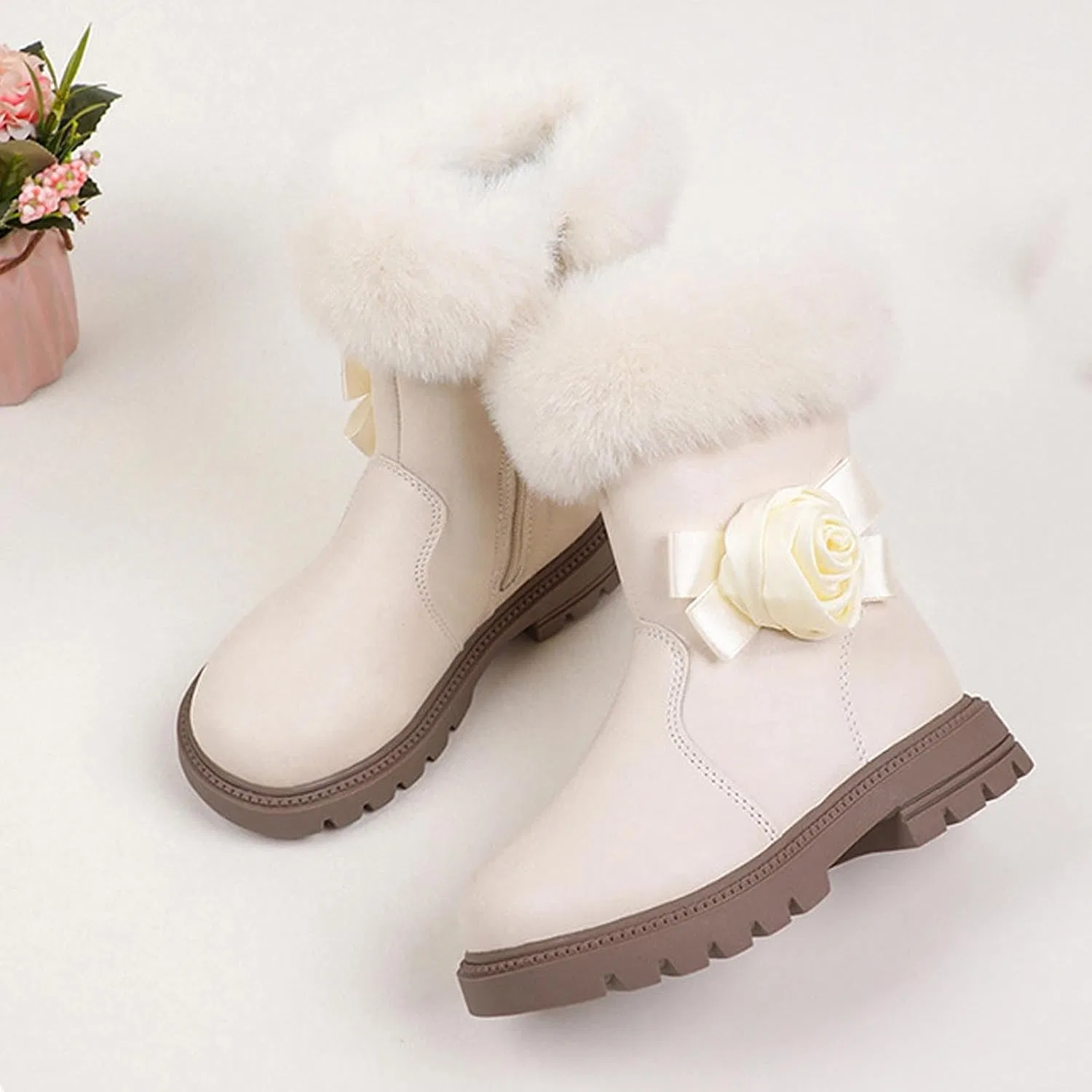 Детские сапоги для девочек с меховой подкладкой и боковой молнией, Beige — фото 4