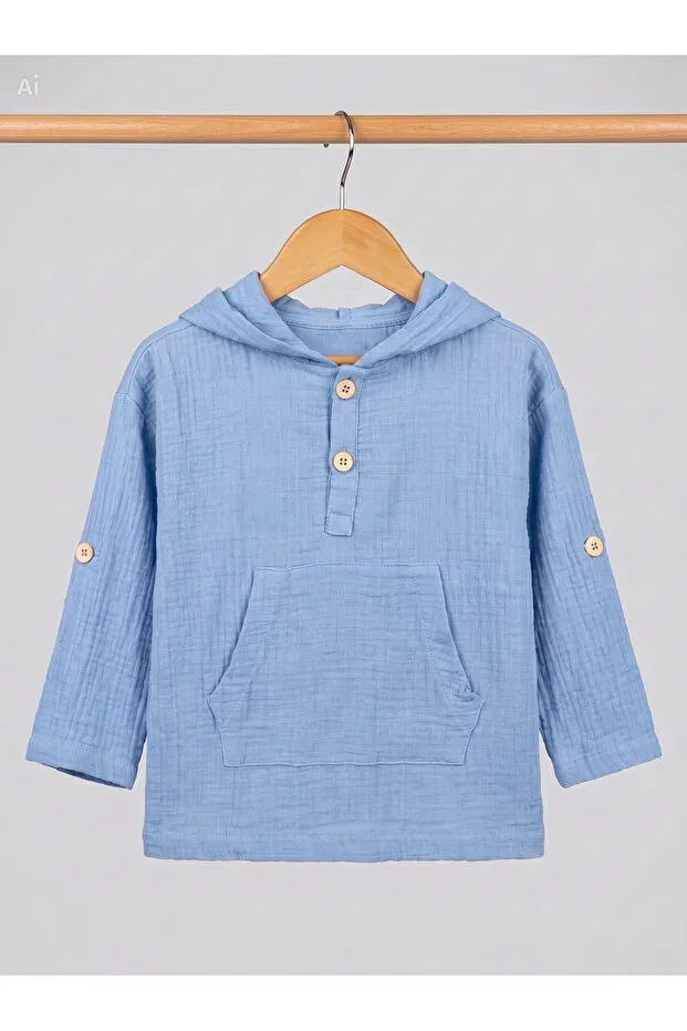 Детская рубашка для мальчиков с капюшоном Bebecan, Light Blue — фото 4