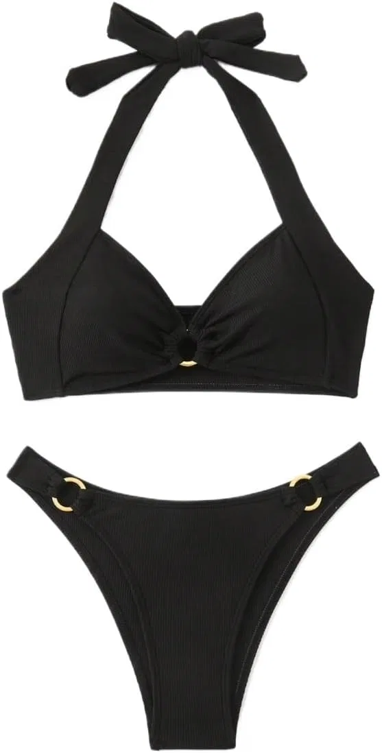 Женский бикини-сет с высокой талией, Backless Wirefree Bra, Black
