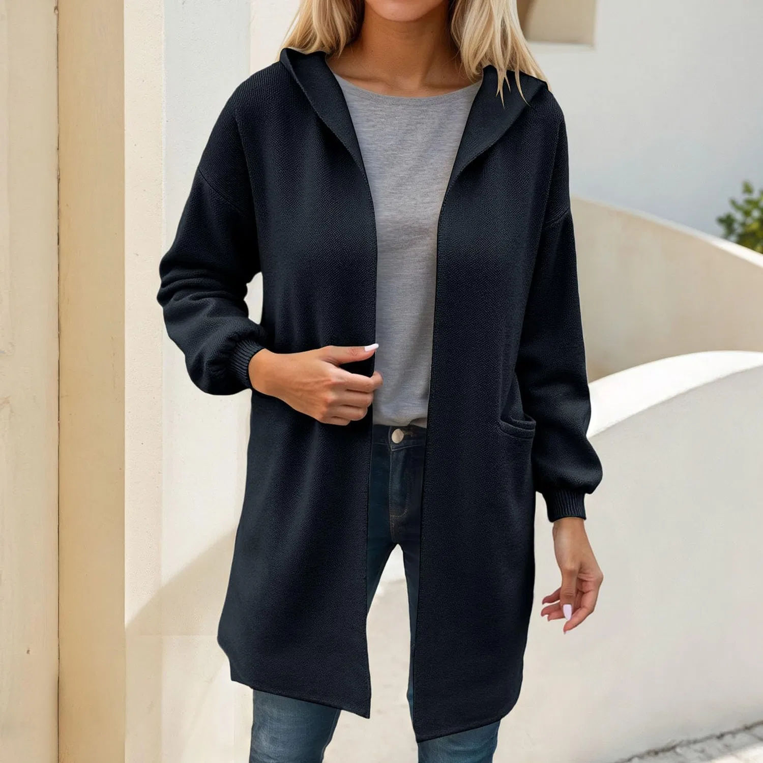 Женское пальто из плотного трикотажа с длинным рукавом, модель Cappotto in maglia spessa da donna, бренд, Nero — фото 2