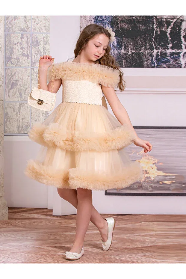 Детское платье из фатина без рукавов Süslü Pink Kids, Cappucino